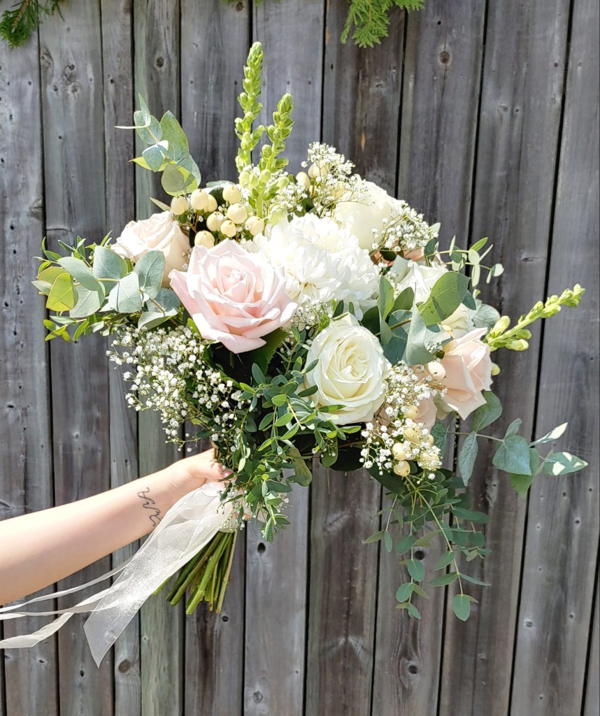Bridal bouquet of white and pinks for a Brantford wedding.
