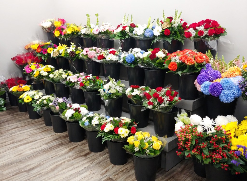 Flower hand tied bouquets in the walk-in cooler at the Brantford location