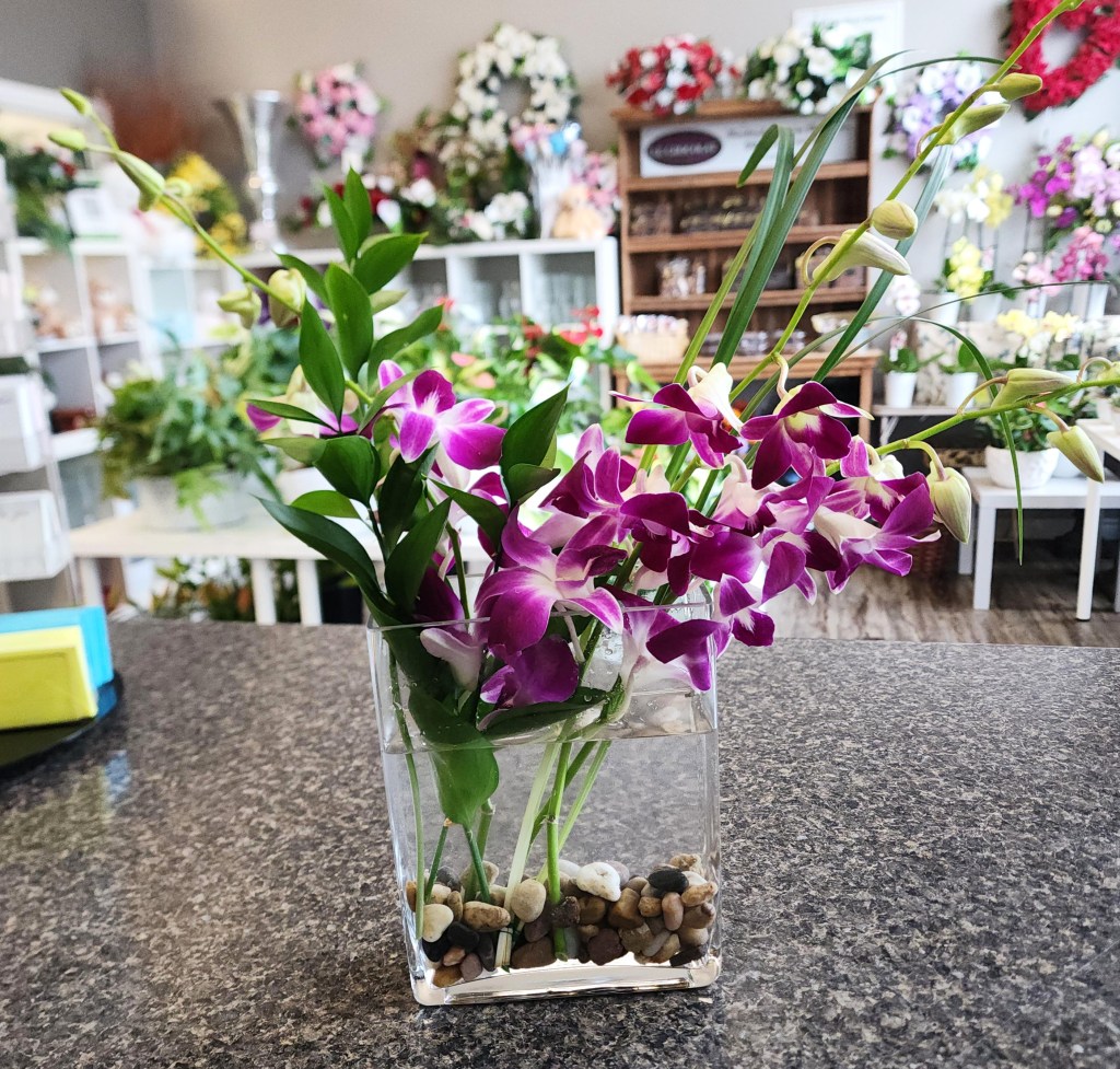 Exotic orchid flower arrangement in a stylish vase for a Brantford or Paris flower delivery.