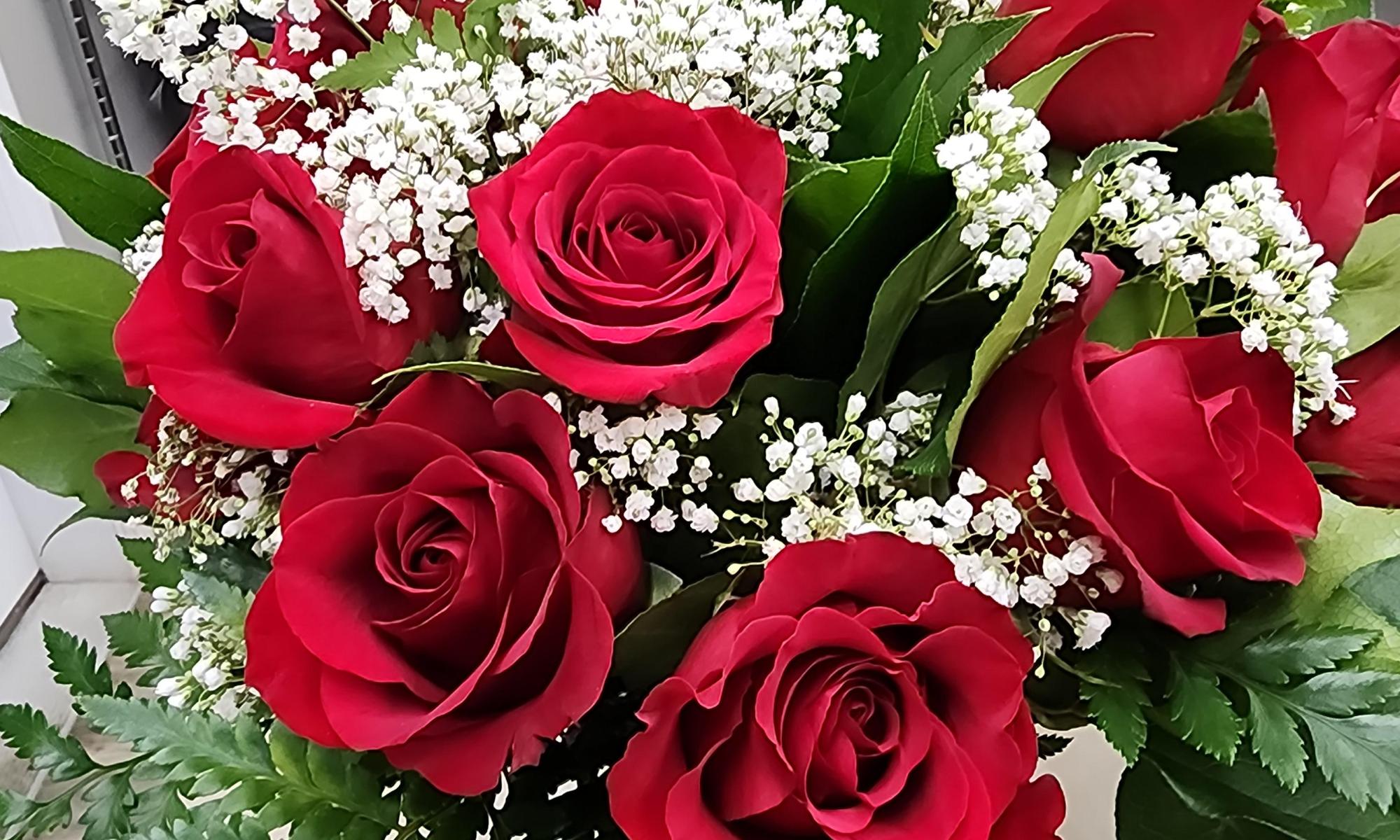 Close-up of a Valentine’s Day floral arrangement featuring fresh red roses accented with white baby’s breath and lush green foliage, displayed in a florist shop cooler.